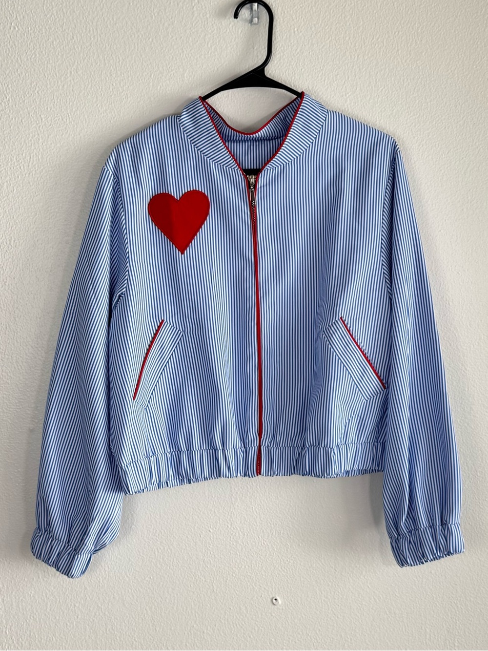 SHEIN Blue White Striped Heart Bomber Jacket Size Medium NWOT